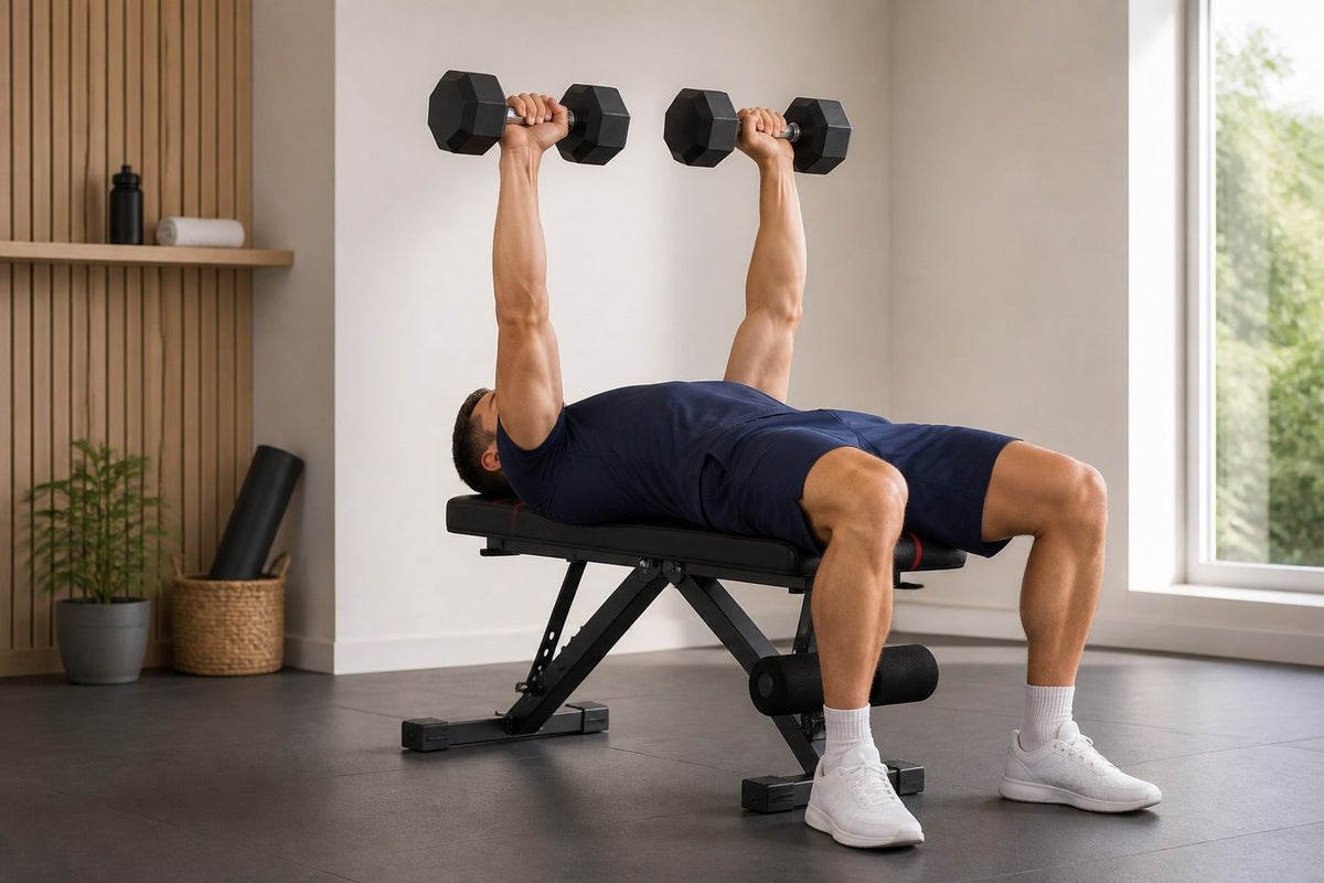 Mand udfører dumbbell bench press med sorte hexagon-håndvægte på en justerbar træningsbænk