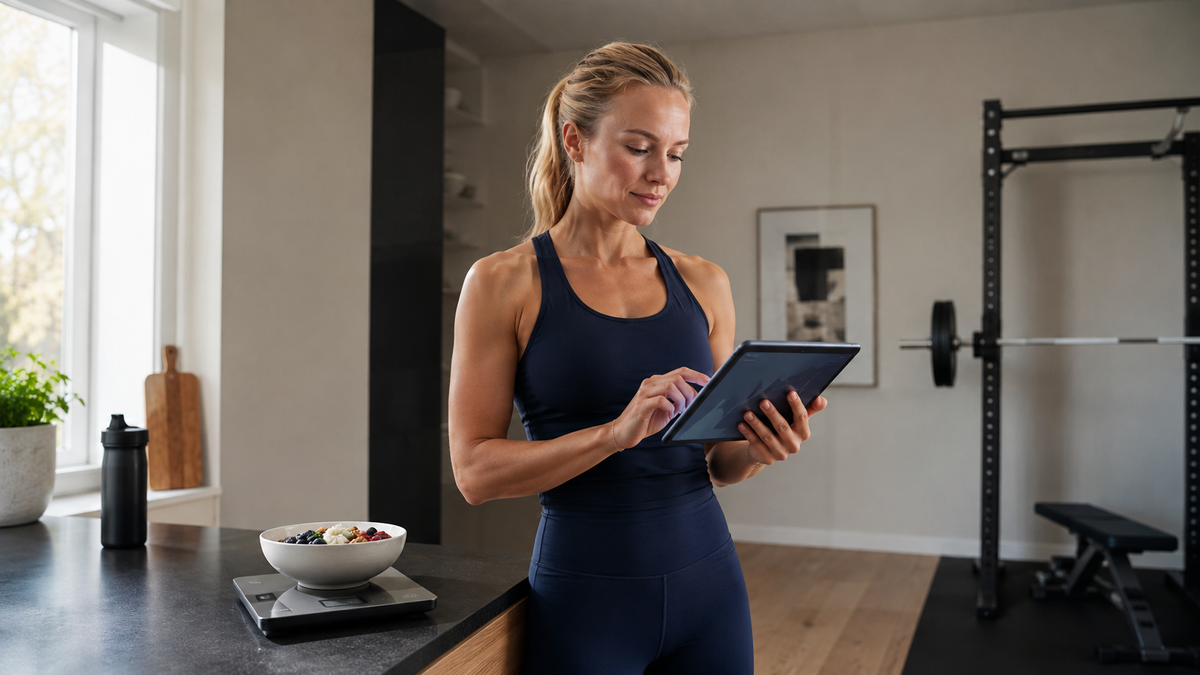 Kvinde med tablet, måltid og køkkenvægt med træningsudstyr i baggrunden