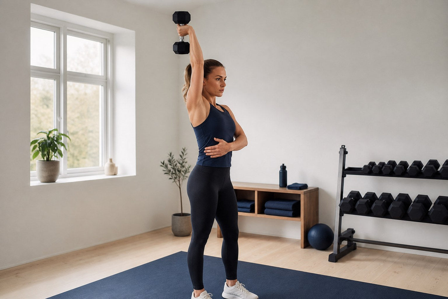 Kvinde udfører en kontrolleret en-arms overhead triceps extension med en sort hexagon-håndvægt
