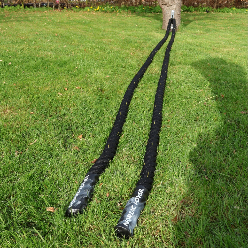 Battlerope 9 Meter, Ø38 mm, Sort med gul snor - NORDIC POWER - TILBUD