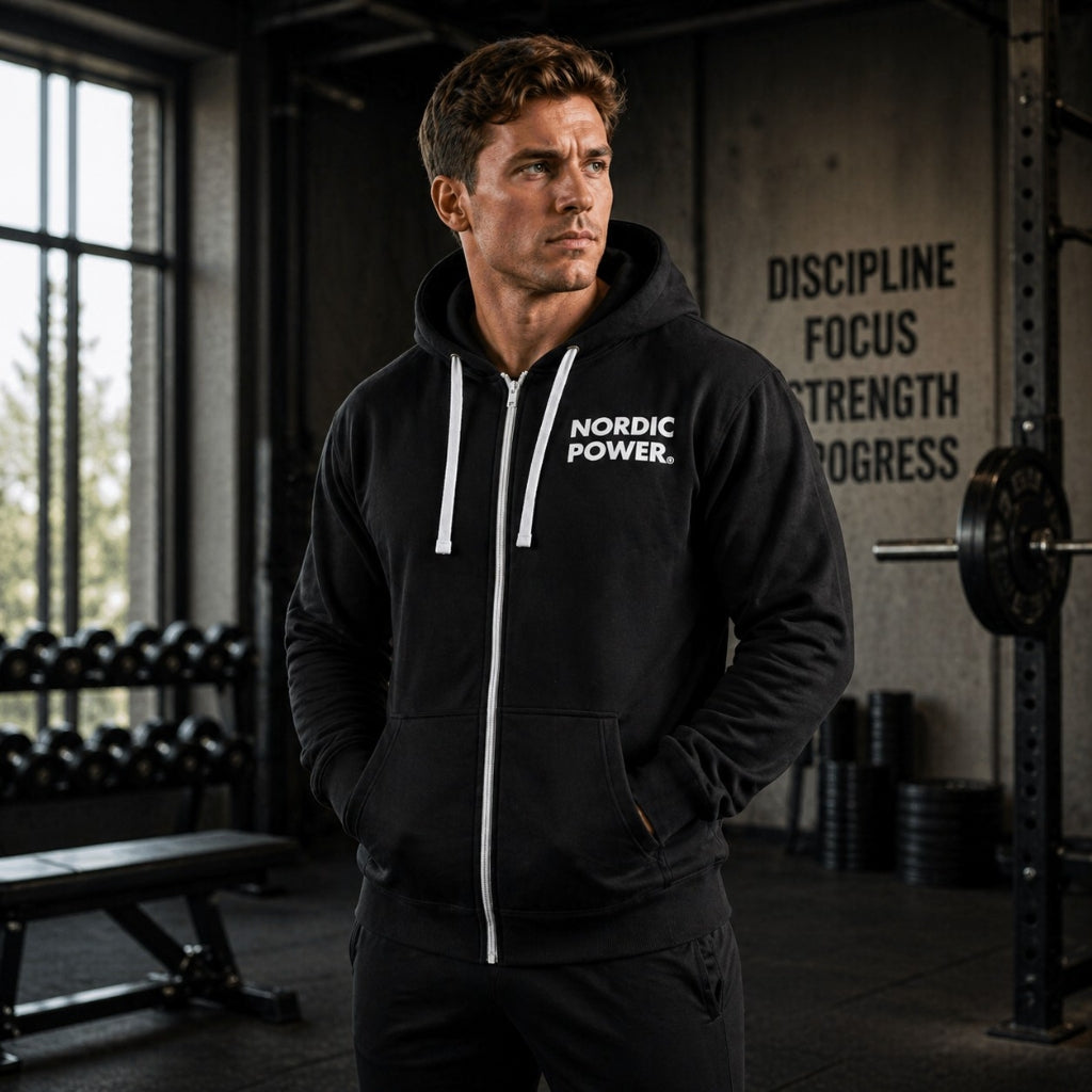 Sort Hoodie, Hættetrøje med lynlås Str. M, sporty fit - NORDIC POWER