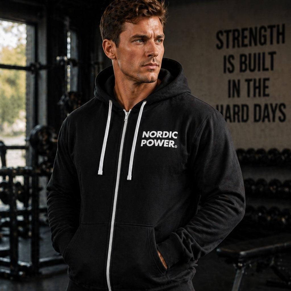 Sort Hoodie, Hættetrøje med lynlås Str. L, sporty fit - NORDIC POWER