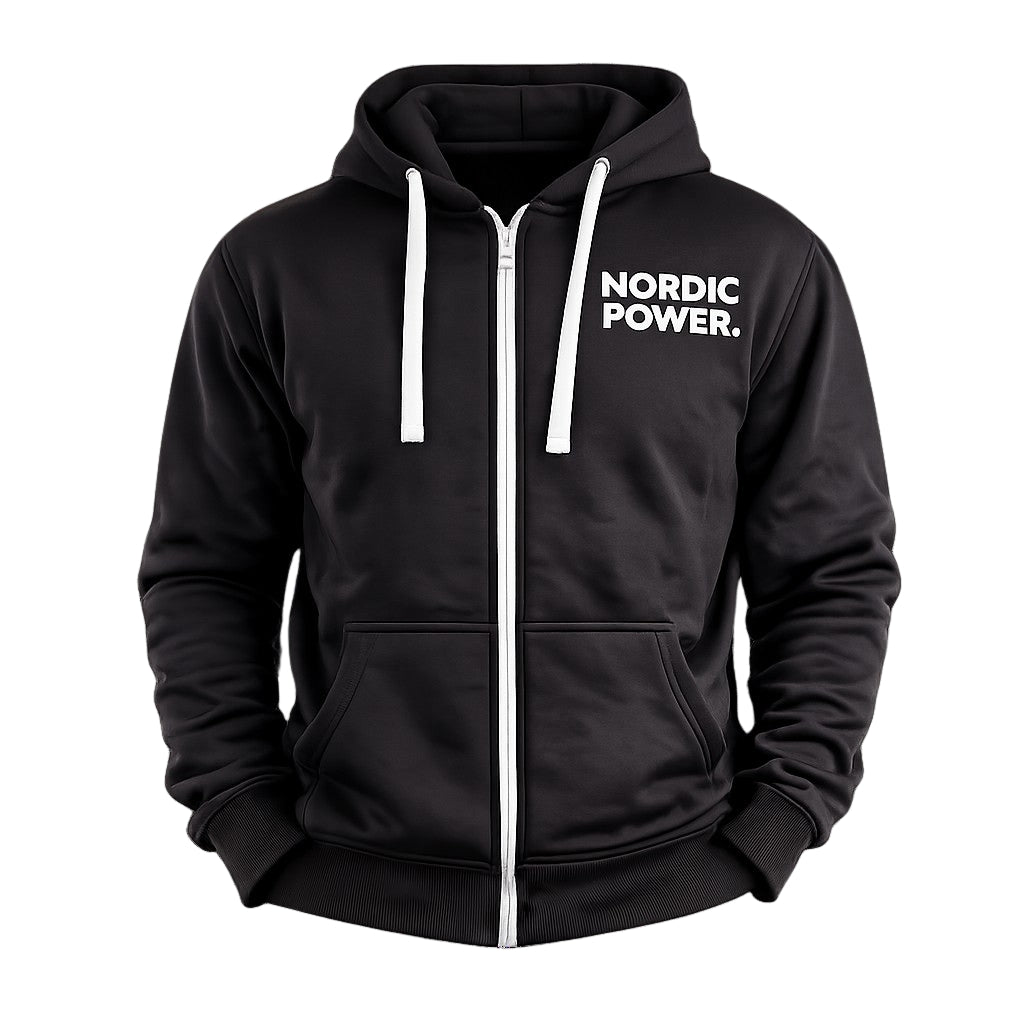 Sort Hoodie, Hættetrøje med lynlås Str. L, sporty fit - NORDIC POWER