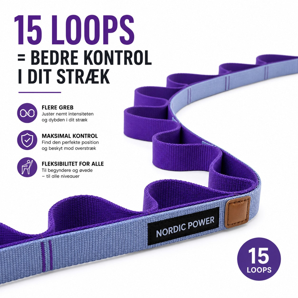 Yoga Stretching Strap, lilla og grå - NORDIC POWER
